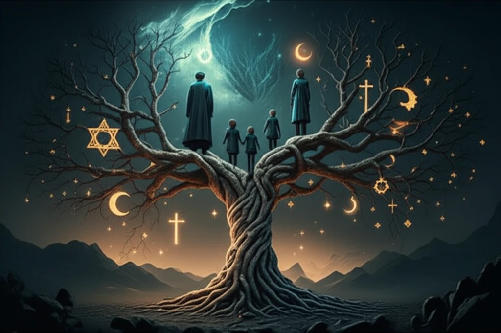 A surreal illustration depicting a family tree intertwined with religious symbols, representing the complex relationship between family and faith in Lessing's 'Nathan the Wise'.