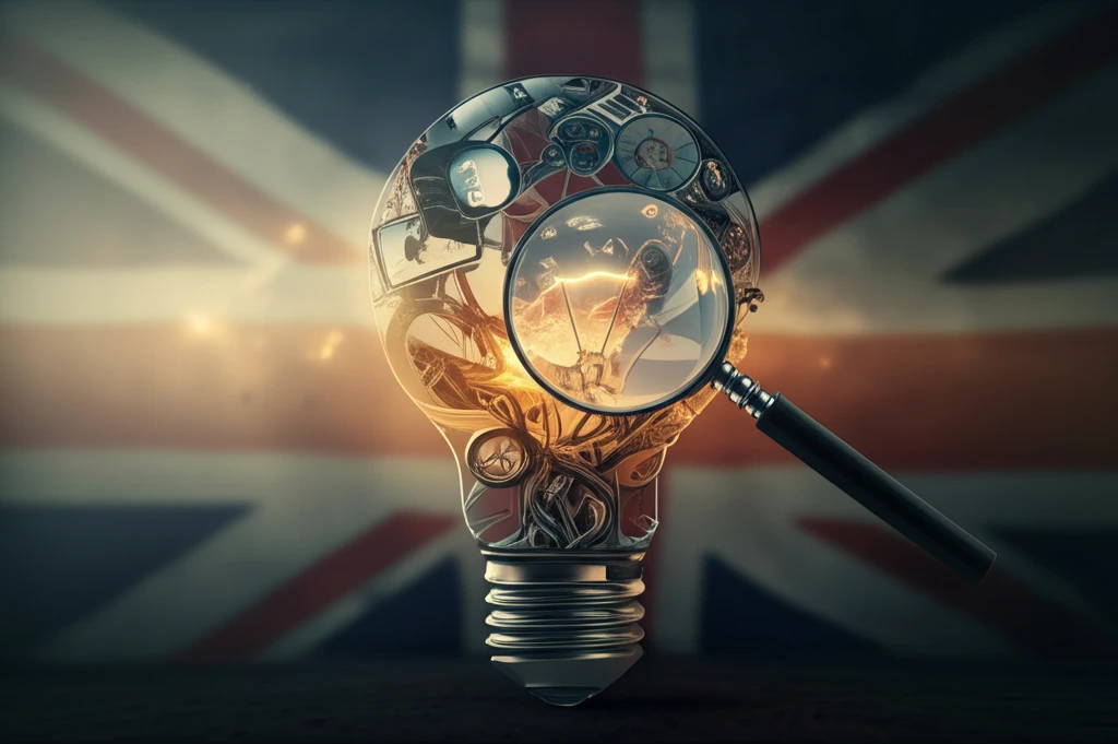 A lightbulb composed of research equipment illuminating the UK landscape.