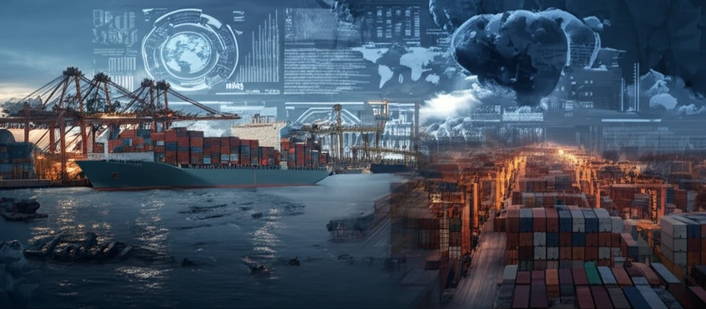 Futuristic port with AI-controlled container ship