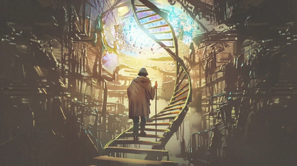 Elderly person climbing a DNA staircase, symbolizing longevity and scientific discovery.