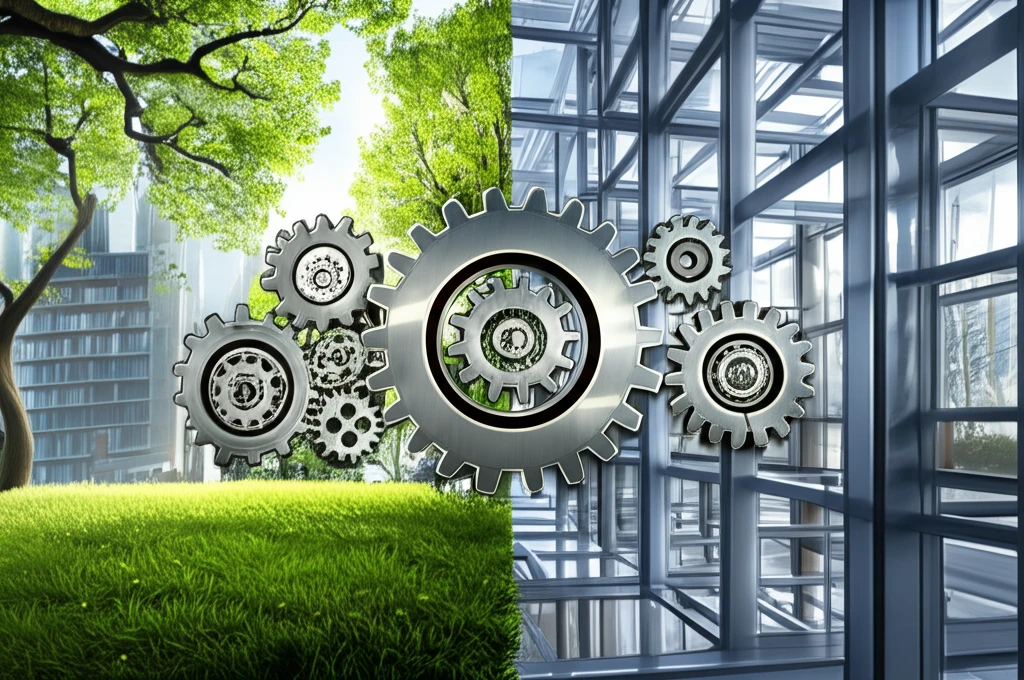 Interconnected gears symbolizing policy implementation in a surreal street scene.