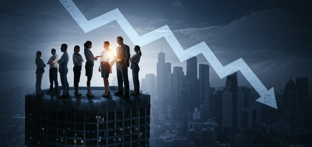 Diverse business team overlooking city with subtle financial decline