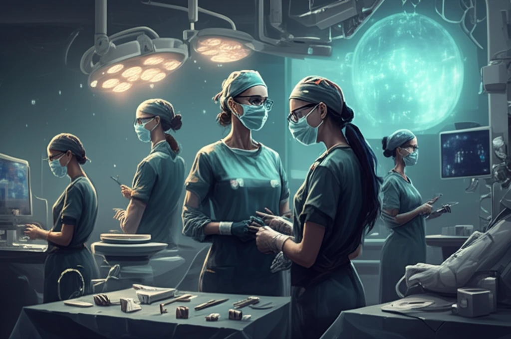 Diverse team of surgeons, predominantly female, in a futuristic operating room.