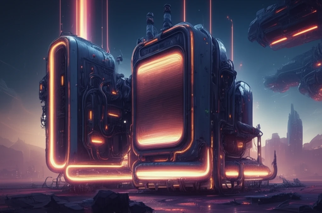 Surreal image of interconnected heat exchangers with glowing energy flows, symbolizing efficiency and timesharing in an industrial landscape.