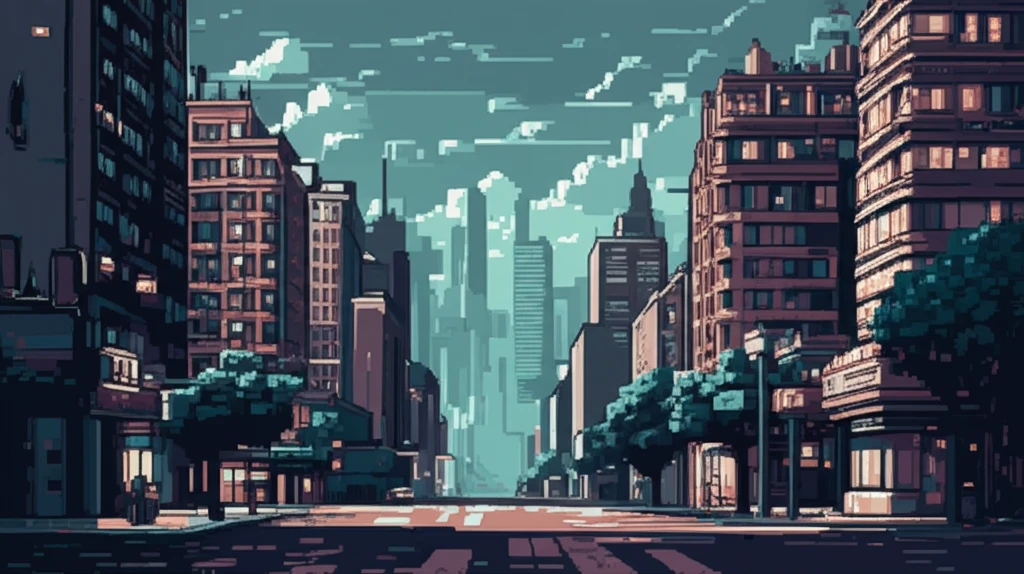 Pixelated cityscape transforming into a crisp, modern cityscape, symbolizing JPEG to WebP conversion.