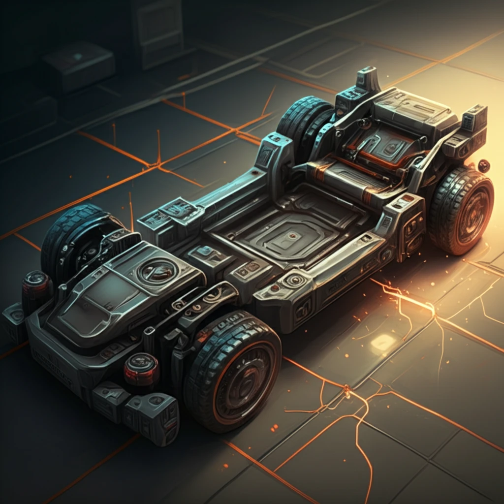 Futuristic car chassis with steel and aluminum joined by welding arcs.