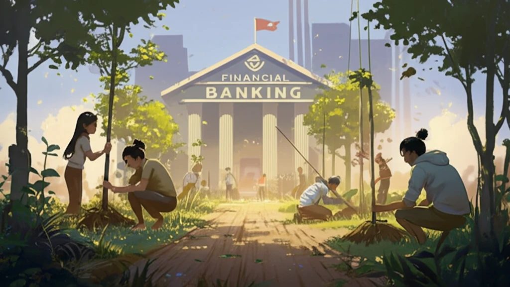 Diverse people planting trees with a stylized financial building in the background, symbolizing cooperative and ethical banking