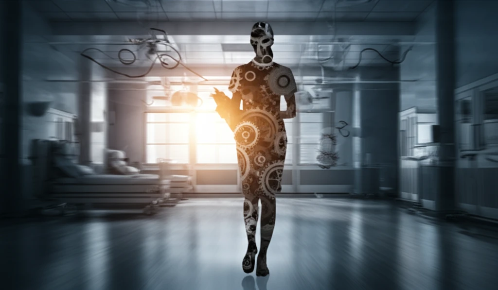 Surreal illustration of nurse silhouette with clock gears symbolizing the impact of shift length on health