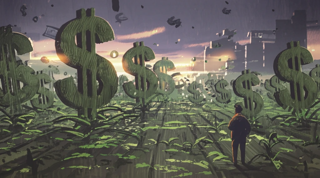 Ethical accounting: A field of crops turning into dollar signs symbolizes the commodification of nature in business.