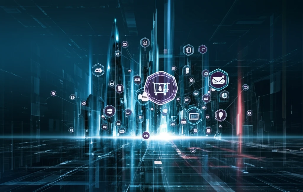Interconnected product and service icons forming a futuristic cityscape.