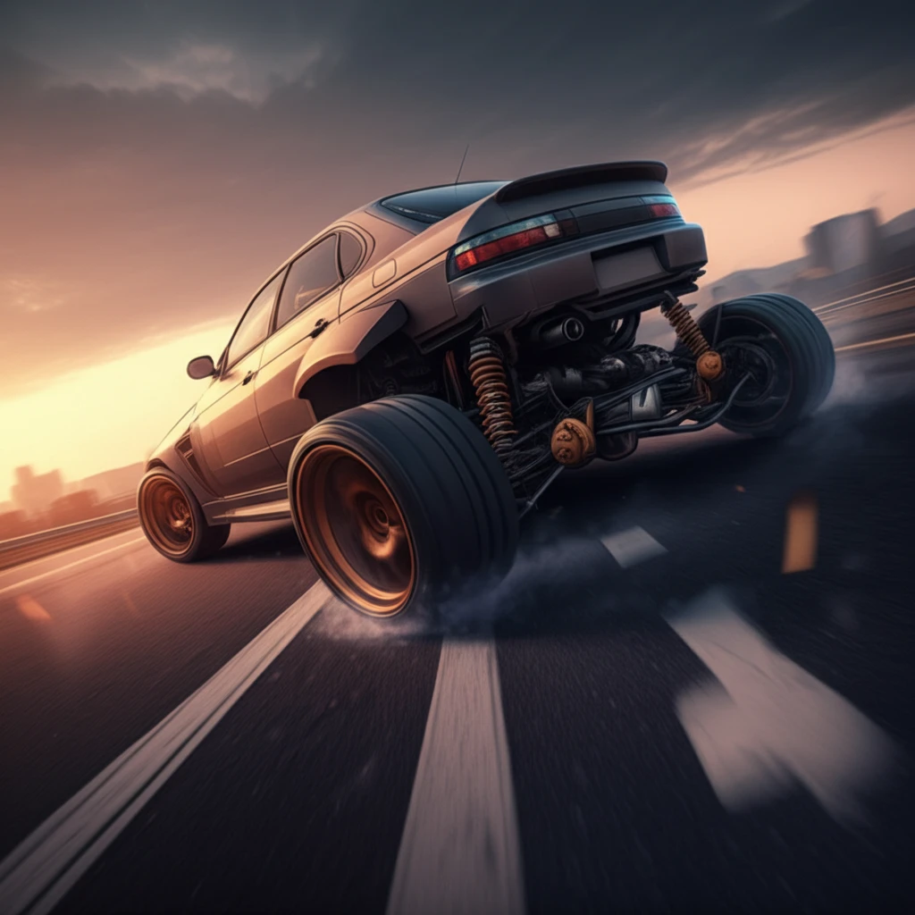 Surreal illustration of a car drifting on a highway, emphasizing tire and suspension components.