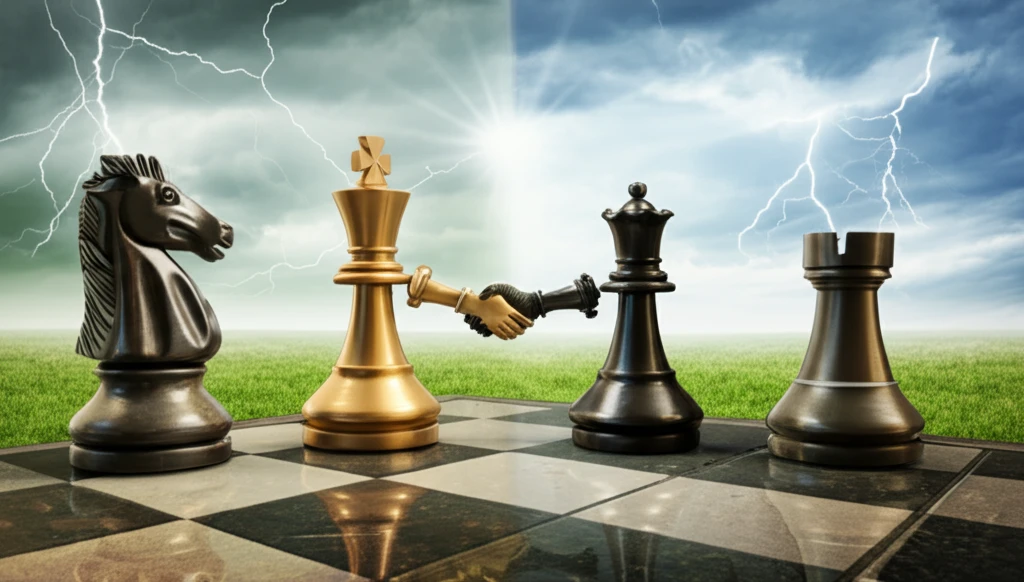 Chess pieces shaking hands, symbolizing cooperation and competition.