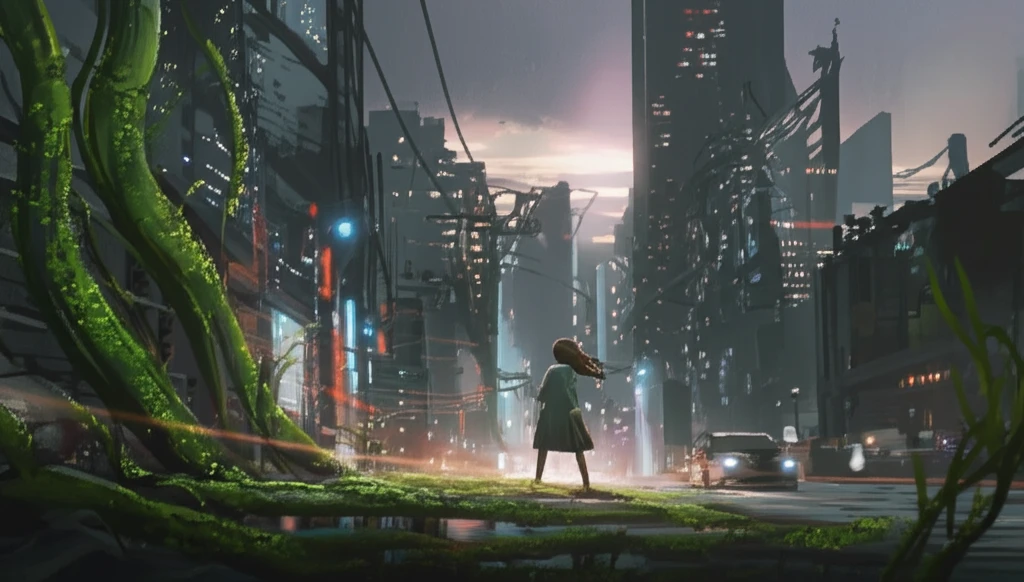 Microalgae in a futuristic urban environment.