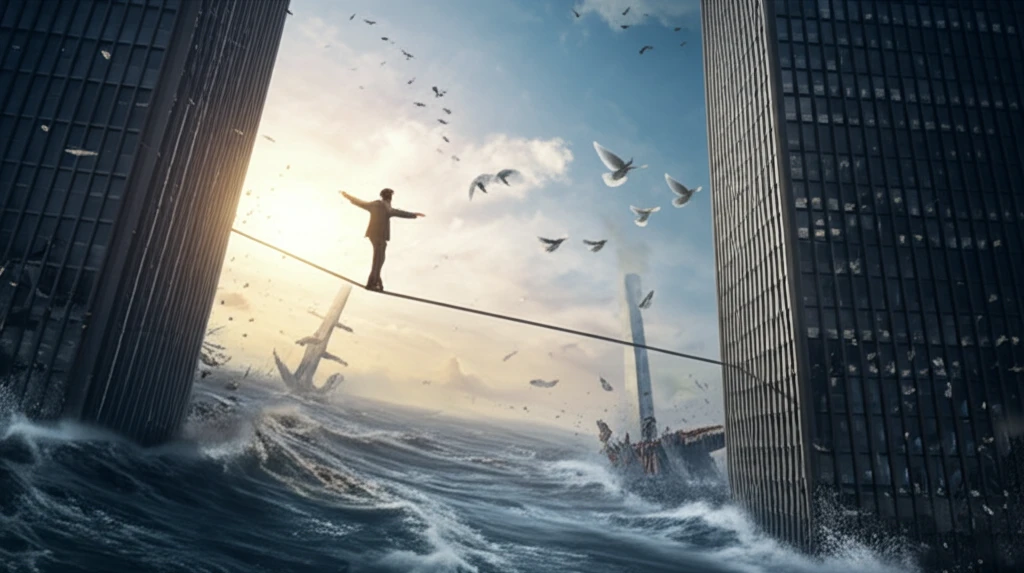 Tightrope walker balancing on a rope between skyscrapers, symbolizing fiscal policy balancing act.