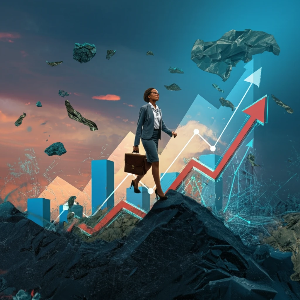 Tanzanian woman entrepreneur strides across a landscape of financial charts.