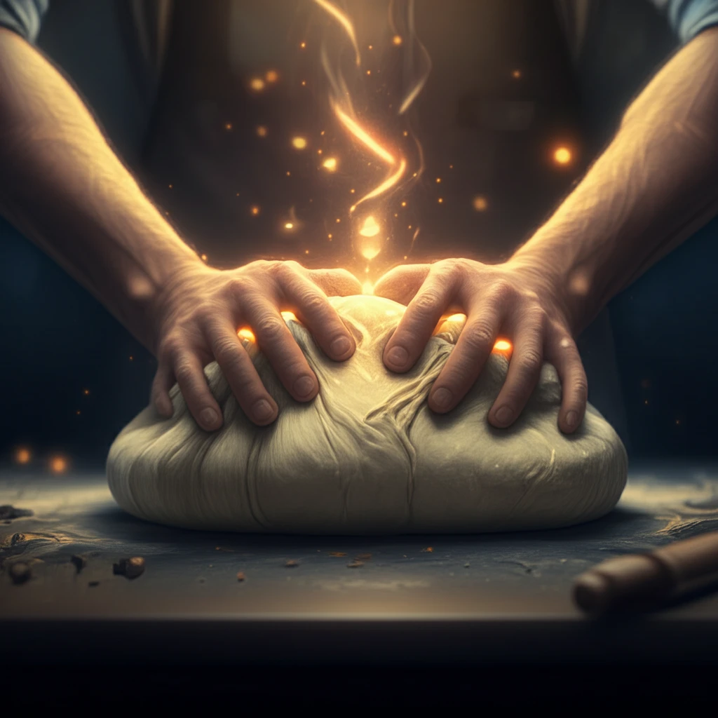 Hands kneading glowing dough, symbolizing vital gluten's power.