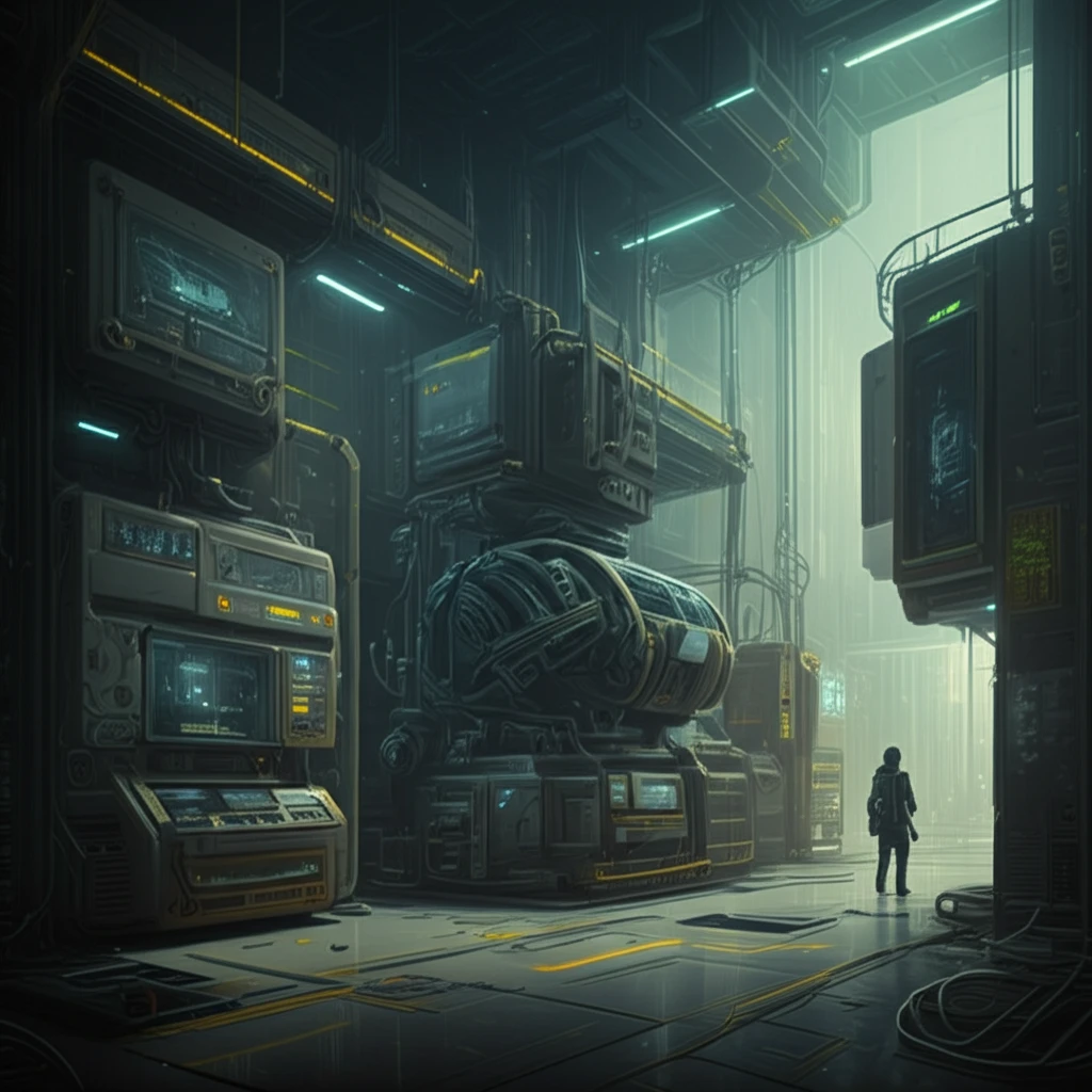Futuristic factory with 3D printers creating complex structures.