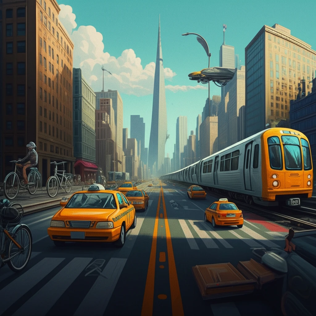 A surreal city landscape blending traditional architecture with bicycles, taxis, and a subway train, symbolizing modern urban transportation.