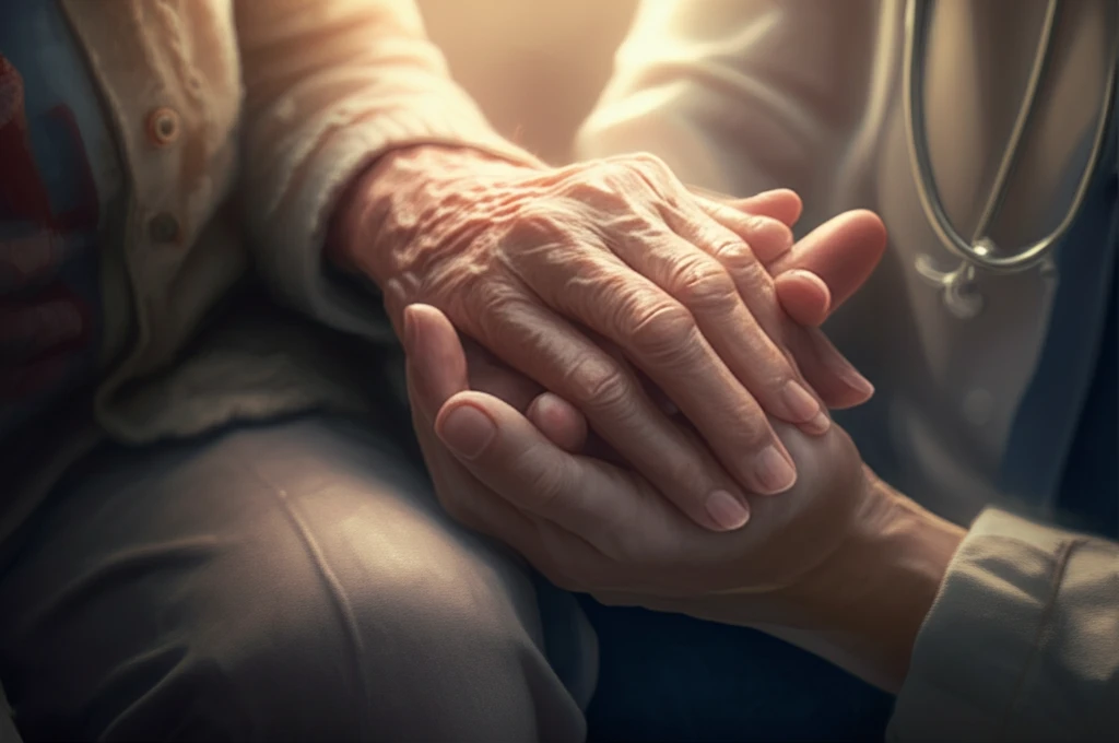 Intertwined hands symbolizing collaboration between caregiver and elderly person with visual impairment.