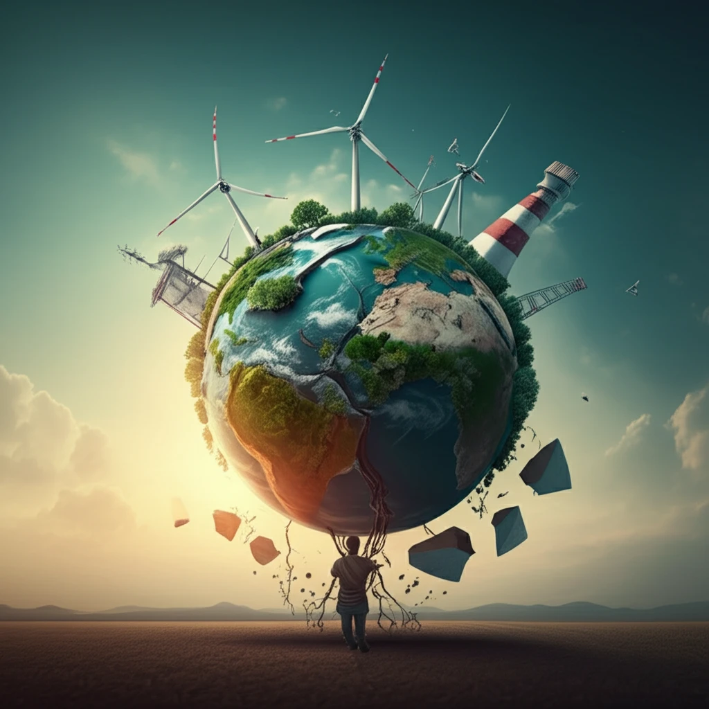 Fractured globe pieced together by trees and wind turbines.