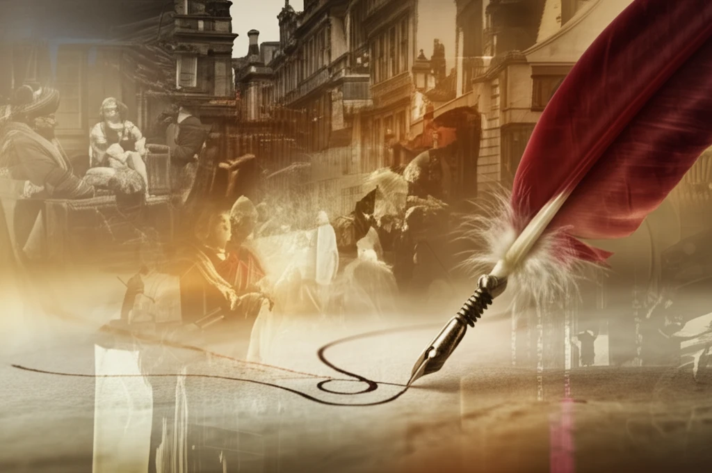 A quill pen writing on parchment, blending historical scenes with modern data streams.