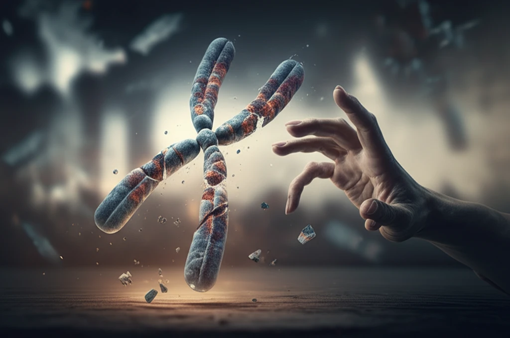 Surreal illustration of a hand with brachydactyly reaching towards a fragmented chromosome, representing BDMR.