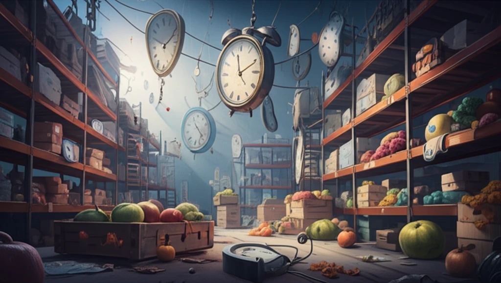 Surreal illustration of decaying inventory, symbolizing time-dependent management challenges.