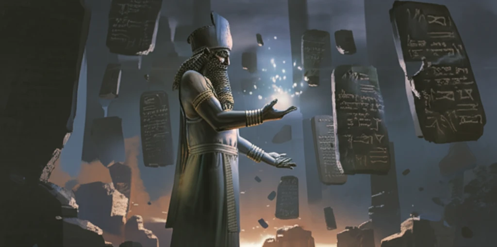 Ancient Sumerian king receiving blessings with cuneiform tablets.