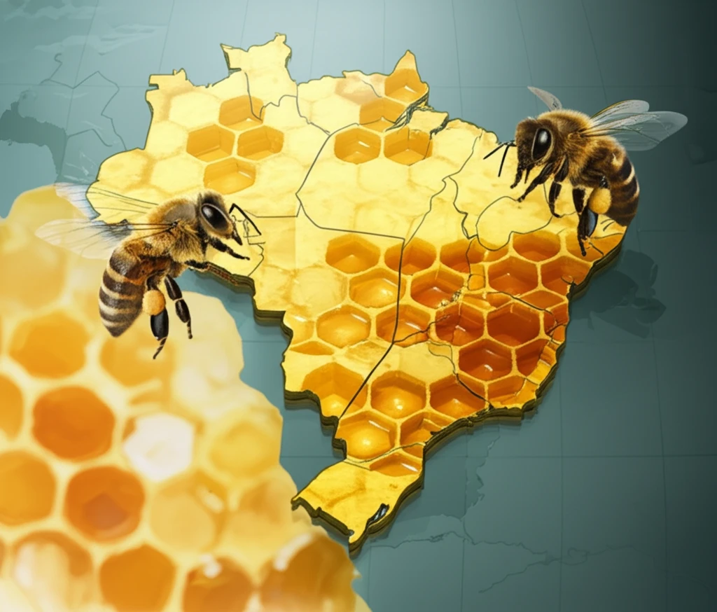 Honey bee over Brazil map with honeycombs symbolizing market integration.