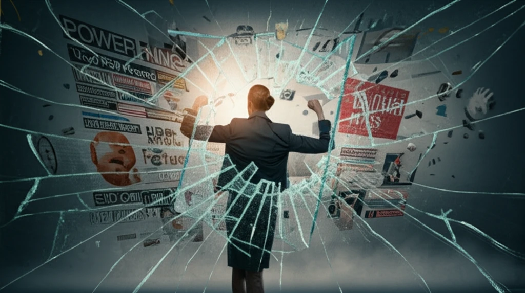 A woman shattering a glass screen reflecting media headlines about women in leadership.