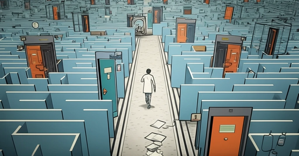Patient lost in a maze of hospital corridors, representing fragmented healthcare.