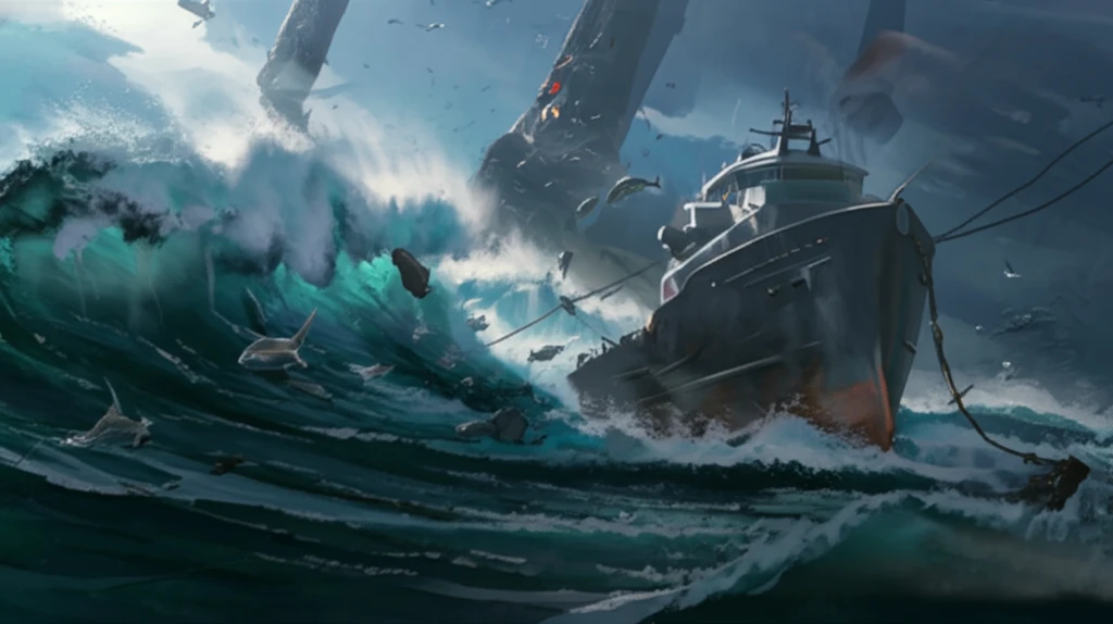 Futuristic fish farm battling massive waves with strained anchor lines.