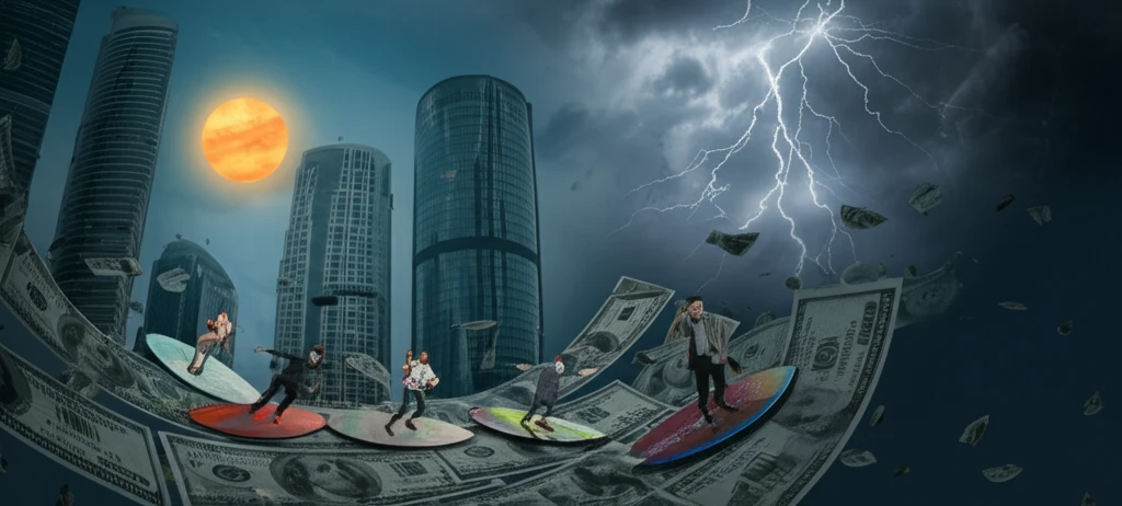 Economic Boom: Consumers surfing on money wave.
