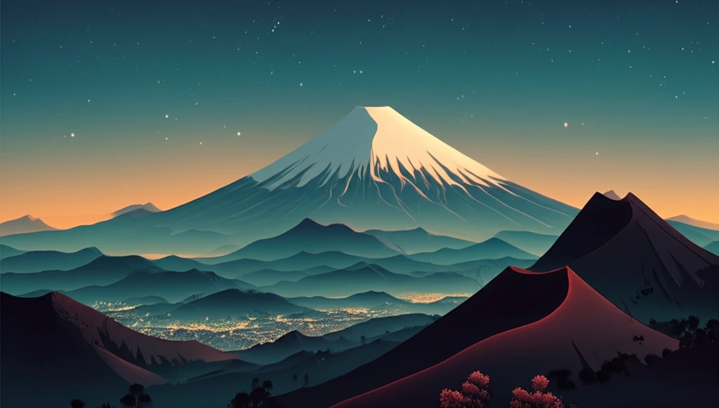Surreal illustration of Mount Fuji scoria with city.