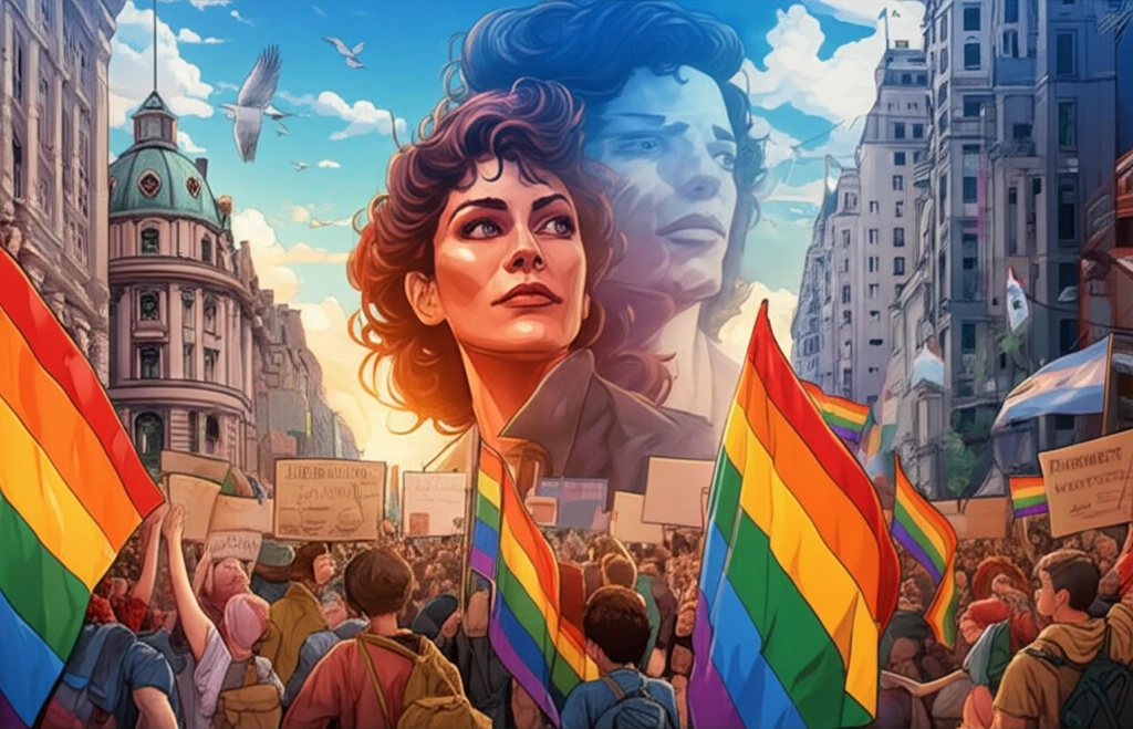 A surreal illustration of a LGBTQ+ protest, overlaid with a portrait of Hilda Rais.
