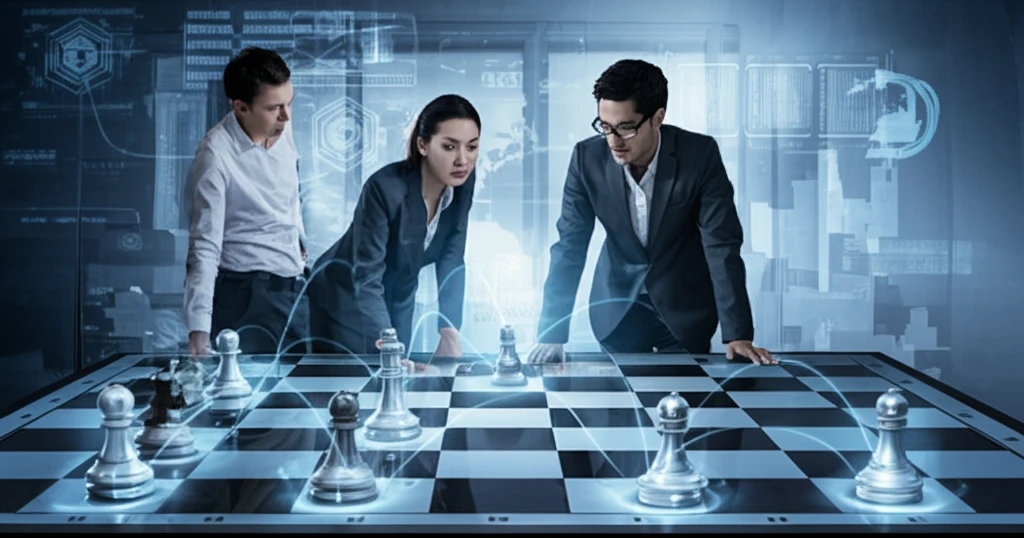 Business leaders strategizing on a market chessboard