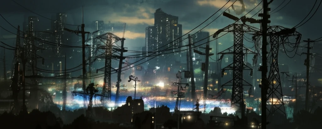 Interconnected power lines over a city skyline