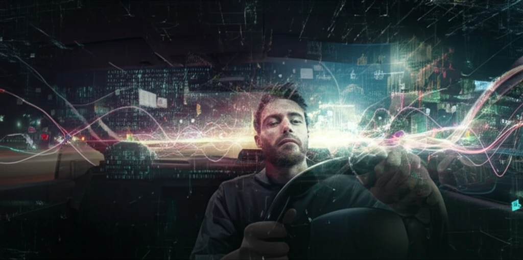 Digital illustration of a drowsy driver transitioning into a highway scene, with data streams representing technology monitoring and accident prevention.