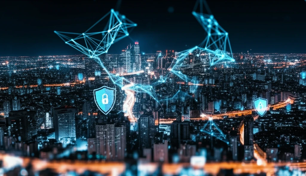 Interconnected network nodes over a cityscape, symbolizing data flow and security.