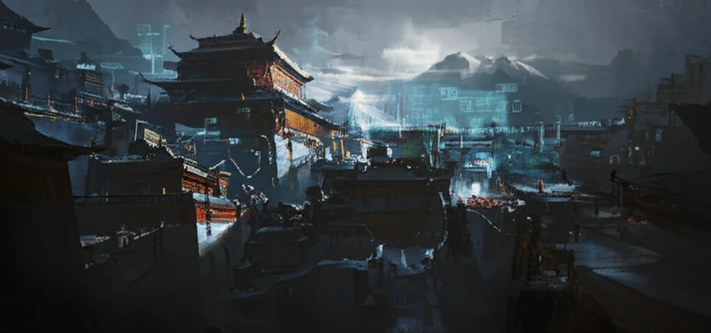 Ancient Tibetan architecture with modern sensor overlay.