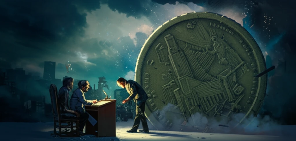 Surreal illustration of a populist debate with a giant coin, symbolizing the clash between populism and economic expertise.