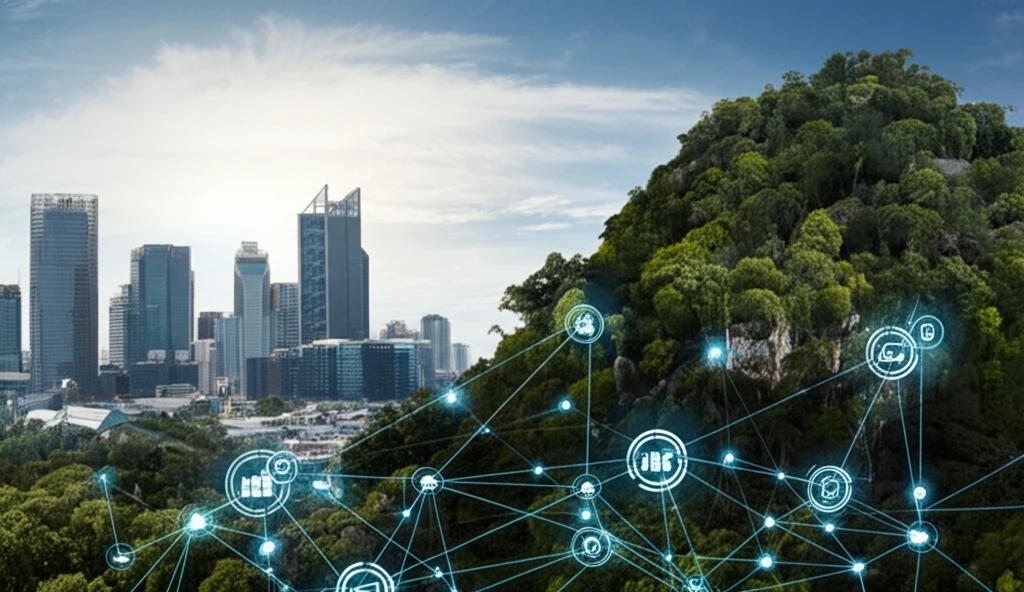 Sustainable economic development illustrated through a blend of cityscape and natural landscapes, emphasizing technological innovation.