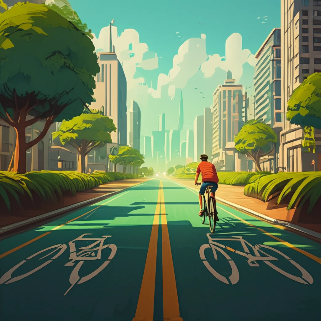 Cyclist riding safely in a city with protected bike lanes.