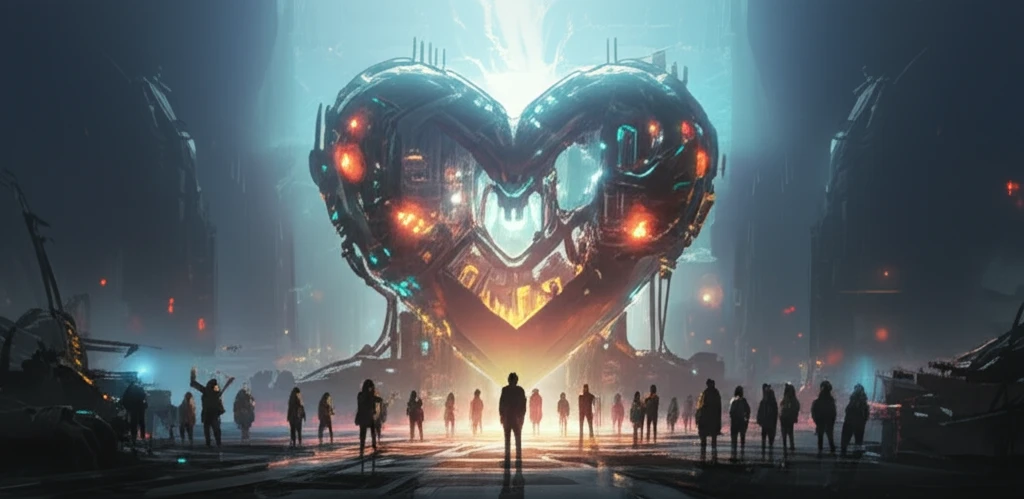 A heart-shaped tech device radiating warmth, symbolizing brand love.