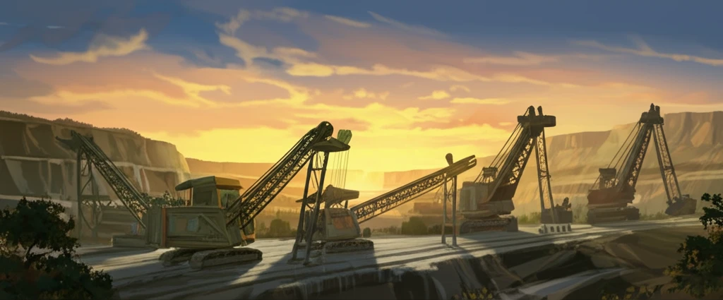 Opencast mine at sunset with modern equipment.