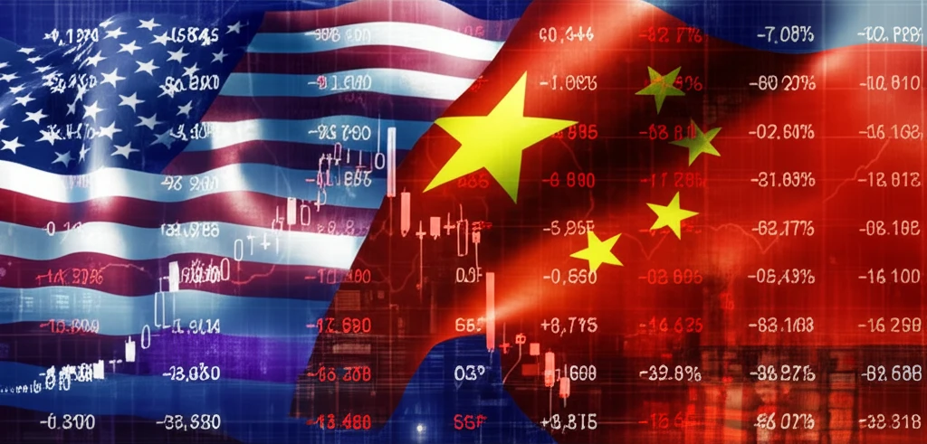 US and Chinese flags intertwined, stock market graph in background.