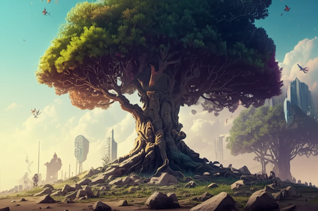 A resilient tree growing in an uncertain landscape, representing a robust investment portfolio.