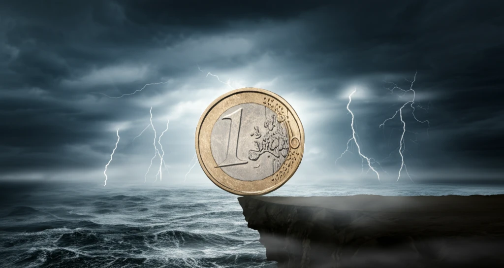 A Euro coin balancing on a plateau, symbolizing the Eurozone's fragile recovery.