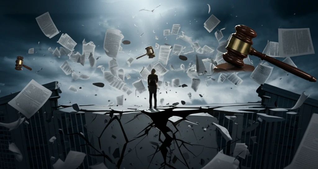 Cracked foundation of a corporate building with legal documents swirling around.