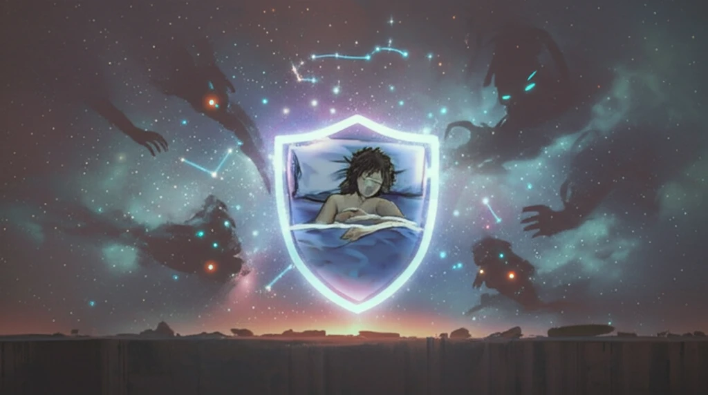 Person sleeping peacefully under a starry sky, protected by a shield.